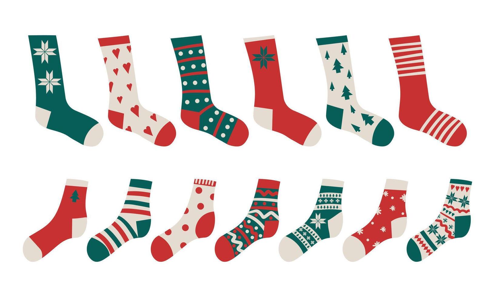 Flat design colorful socks set illustration. Christmas winter socks set red, white and red color for winter and Christmas design . vector