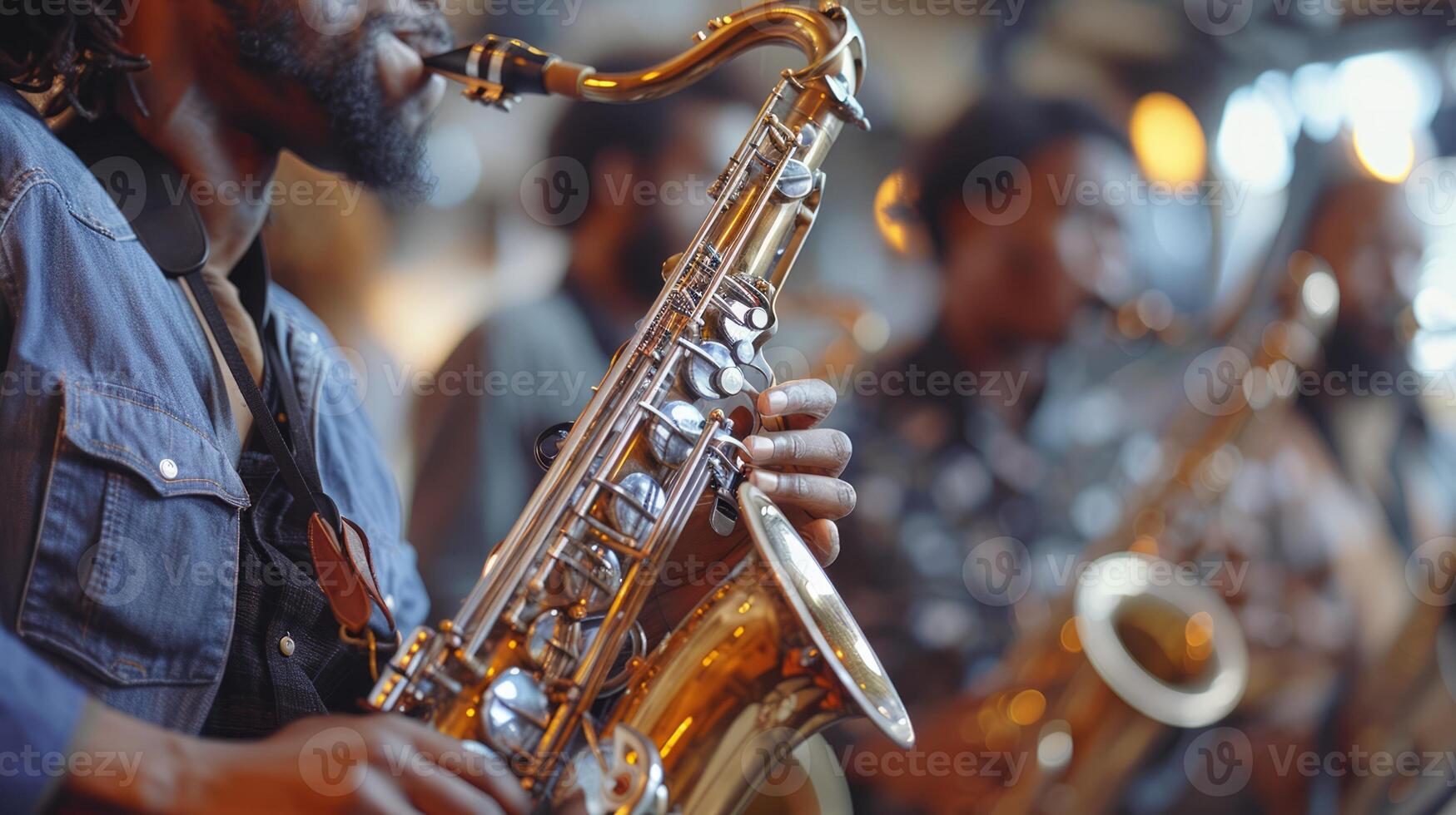 a group of musicians with saxophones and performing at a concert or music festival photo