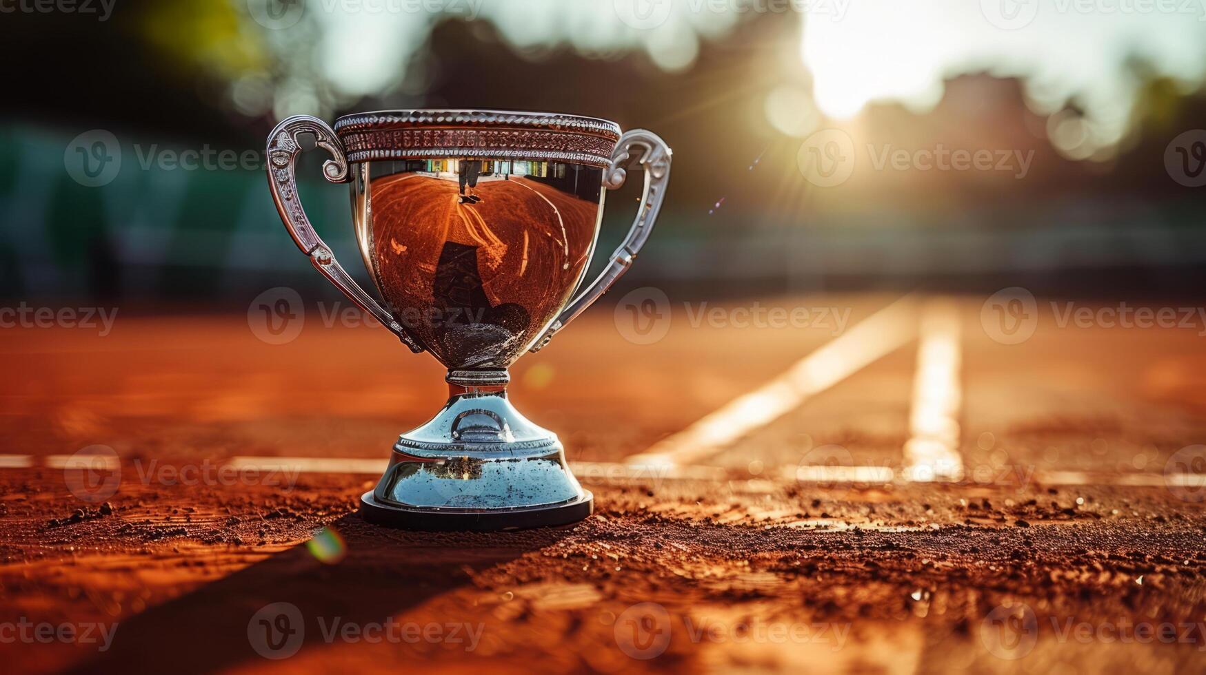 Close-up of Winner's Cup Sparkling in the Sun Standing on Tennis Court photo