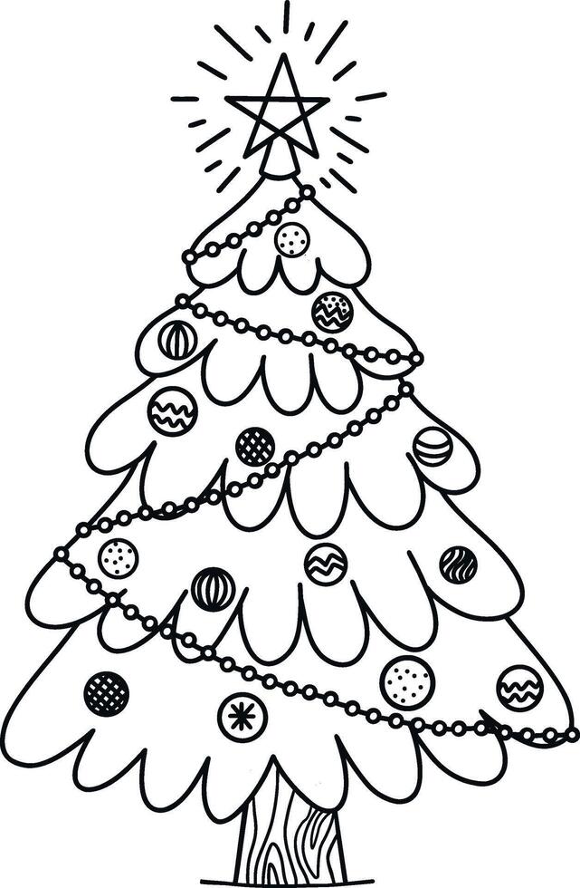 A Christmas tree with toys and garlands. art illustration. Coloring book, children is illustration, web applications and design, postcard. illustration vector