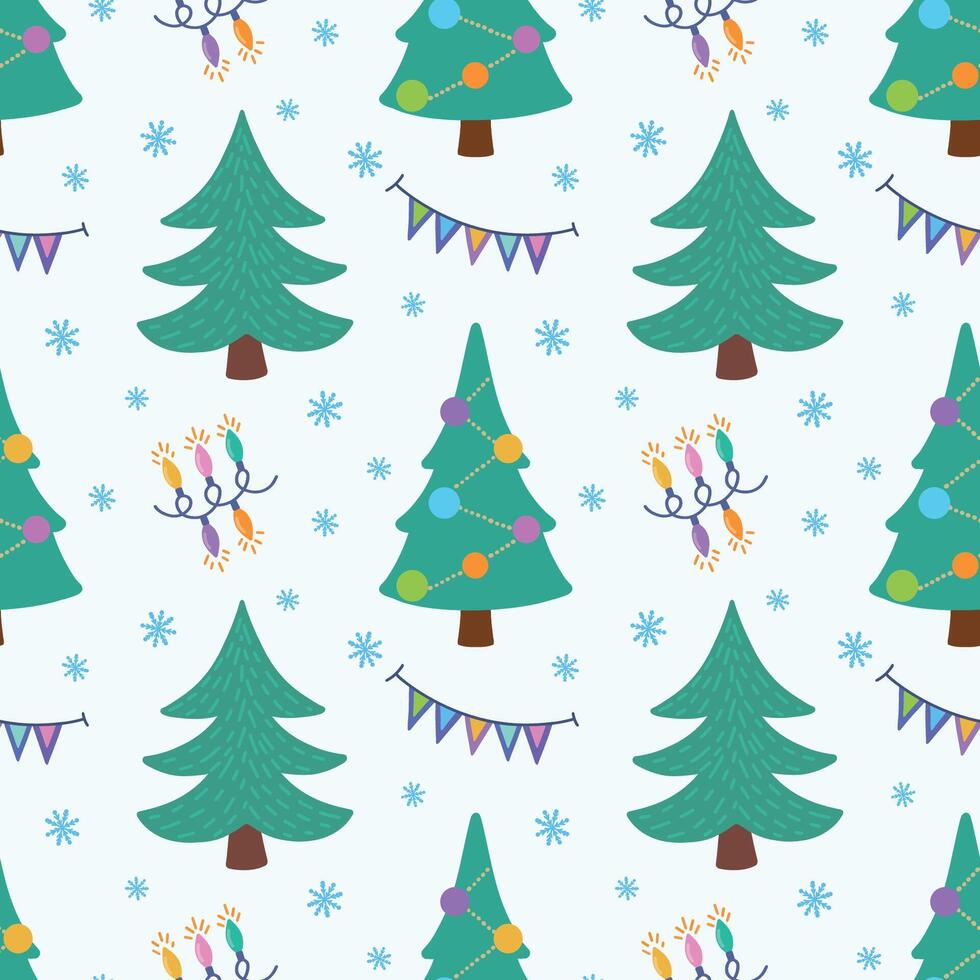 seamless pattern with Christmas trees and garlands. New Year and Christmas illustration for wrappers, wallpapers and packaging. vector