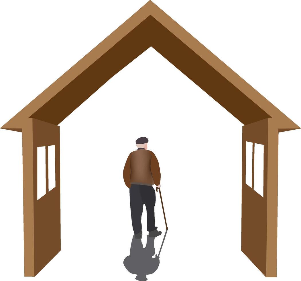 Senior man leaving home walking away with cane vector