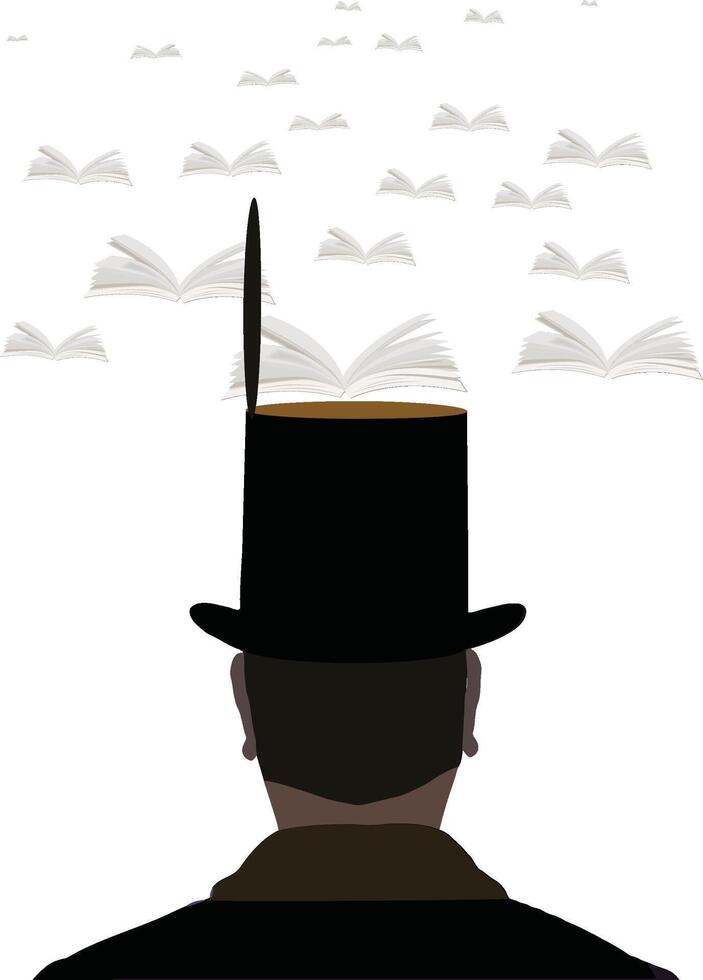 Man is wearing a top hat with books flying away from it vector