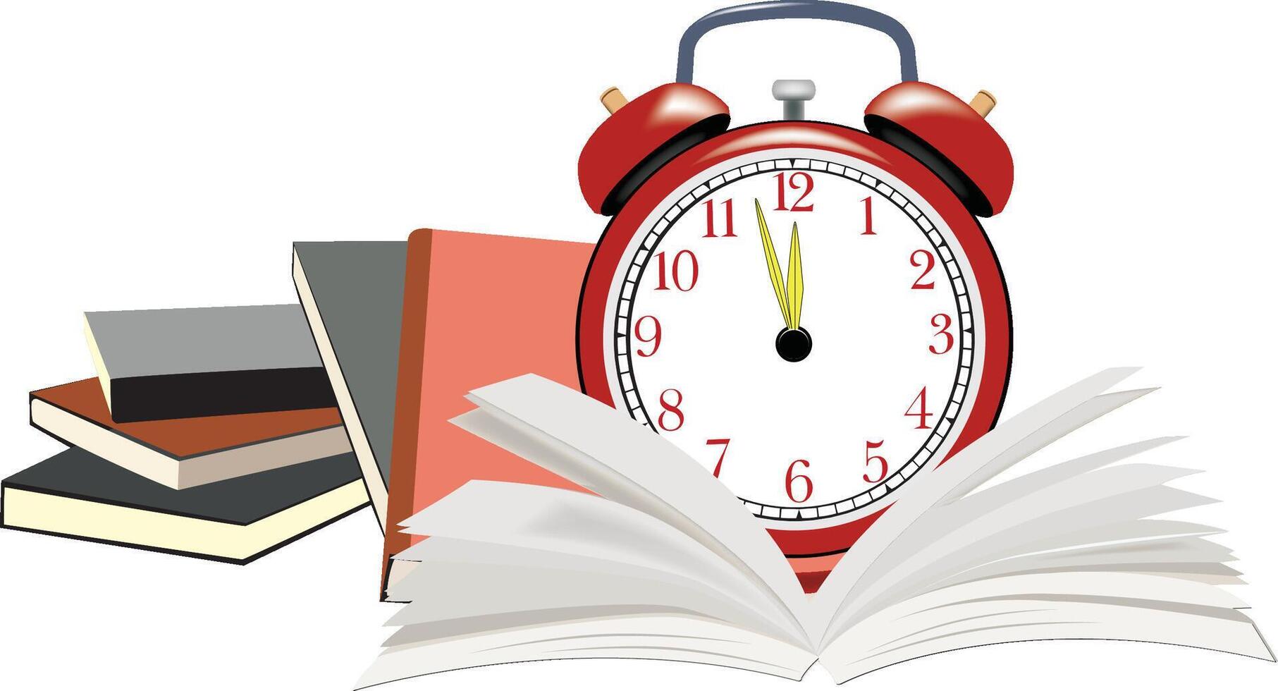 Red alarm clock ticking near open book and stack of books vector