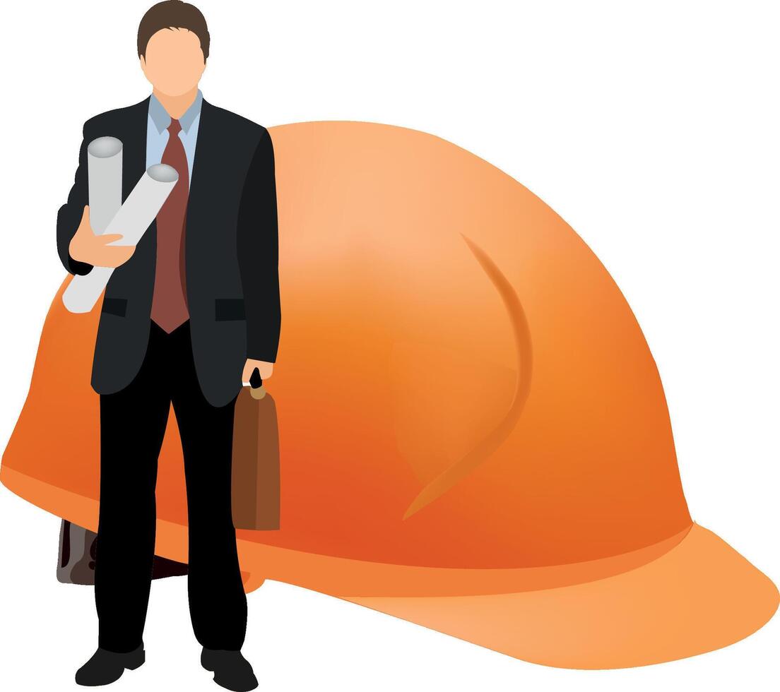 Architect holding plans in front of hard hat vector