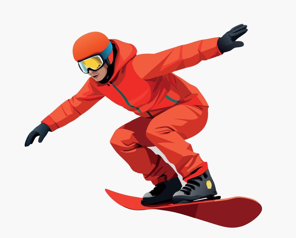 Snowboarder wearing red performing jump trick vector