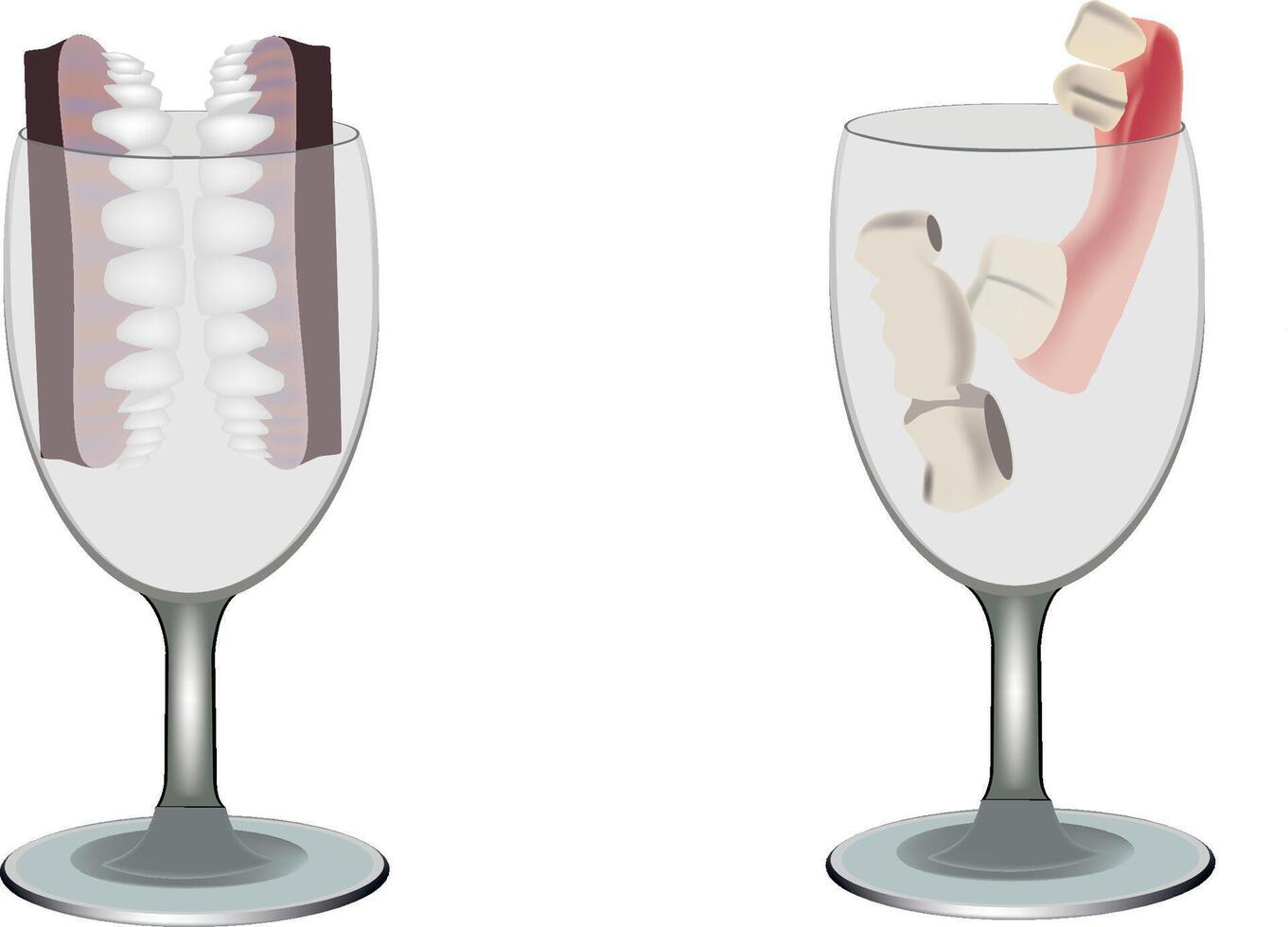 Dentures soaking in glass comparing before and after dental implant surgery vector