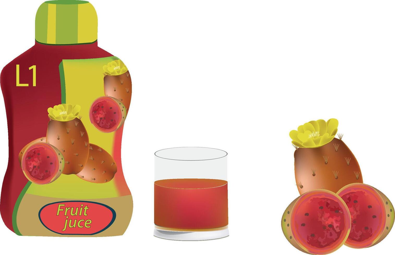 Prickly pear fruit juice packaging showing bottle and glass vector
