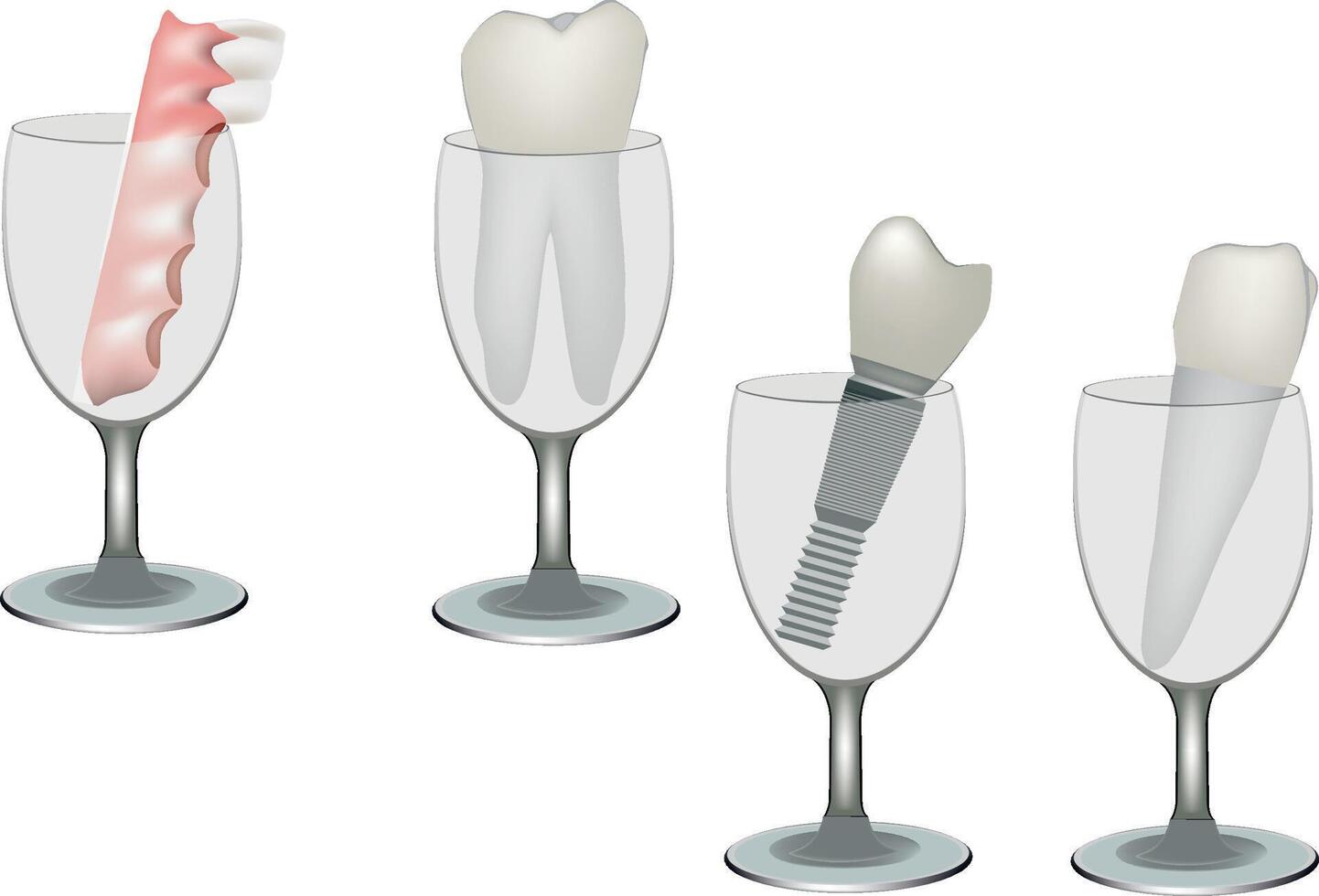 Different types of dental prosthesis soaking in glasses vector