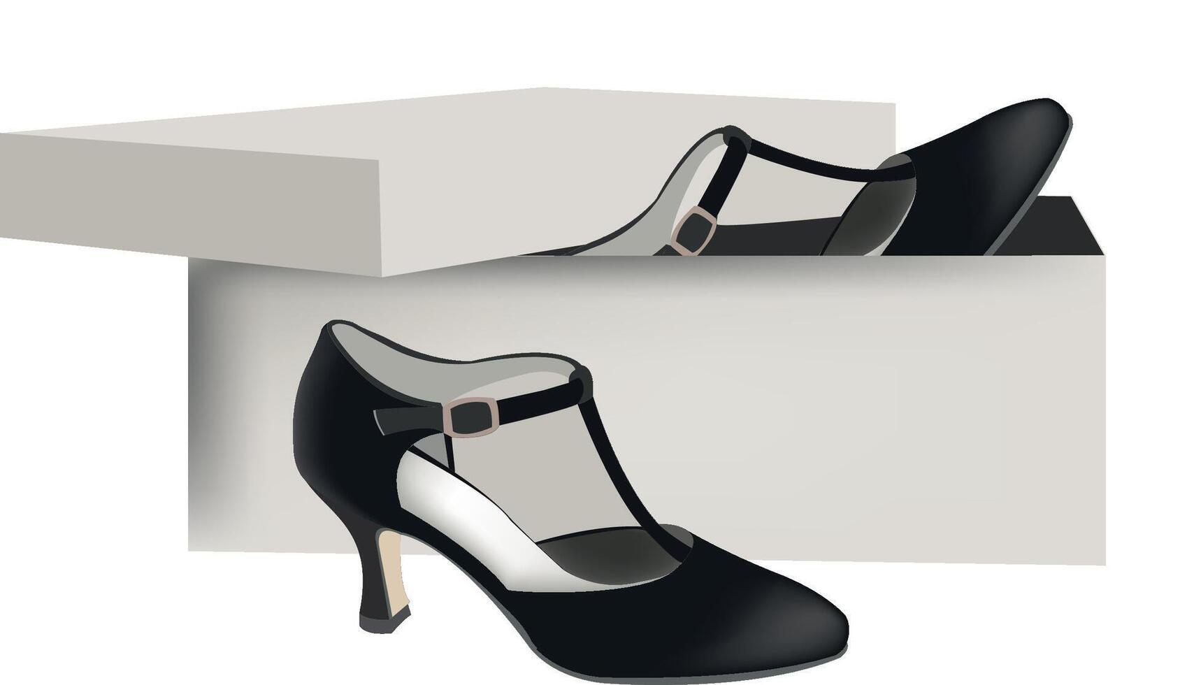 Pair of black leather women's shoes coming out of a shoebox vector