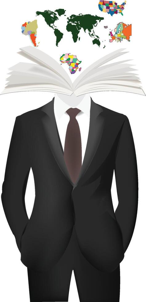 Businessman wearing suit with open book as head and world map vector
