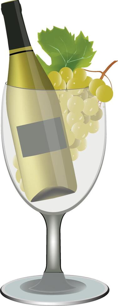 White wine bottle resting in wine glass with green grapes vector