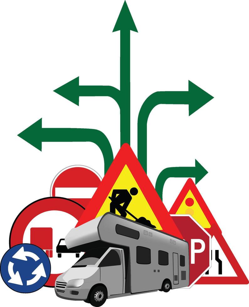 Camper choosing the right direction with road signs and arrows vector