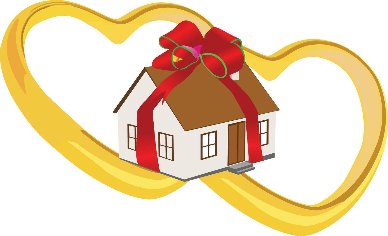 House wrapped with red ribbon inside two golden wedding rings vector