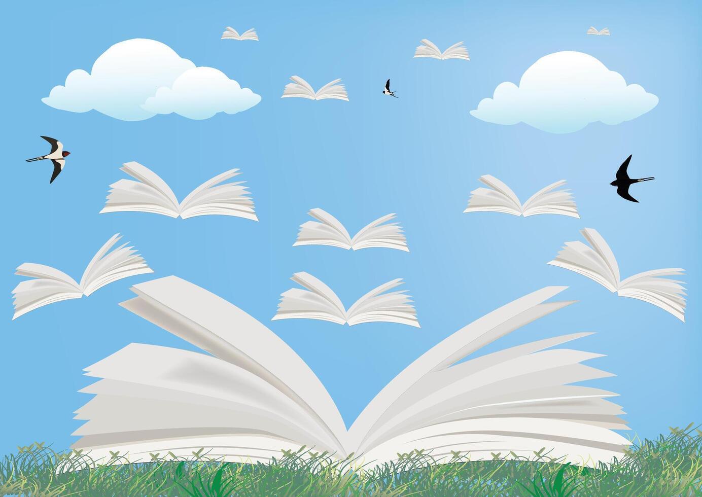 Open book with flying books and birds on blue sky background vector