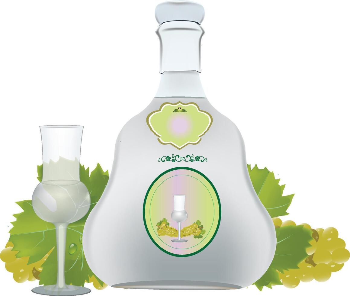 Grappa bottle and glass surrounded by grapes illustration vector