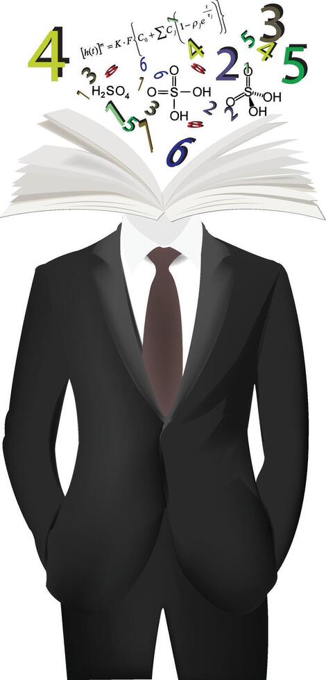 Businessman wearing an open book as a hat with math equations surrounding him vector
