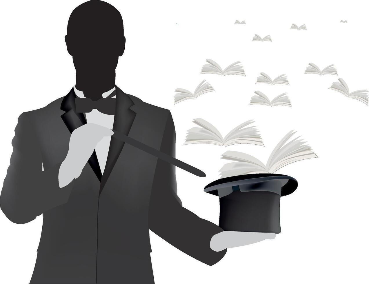 Magician conjuring flying books from top hat with magic wand vector