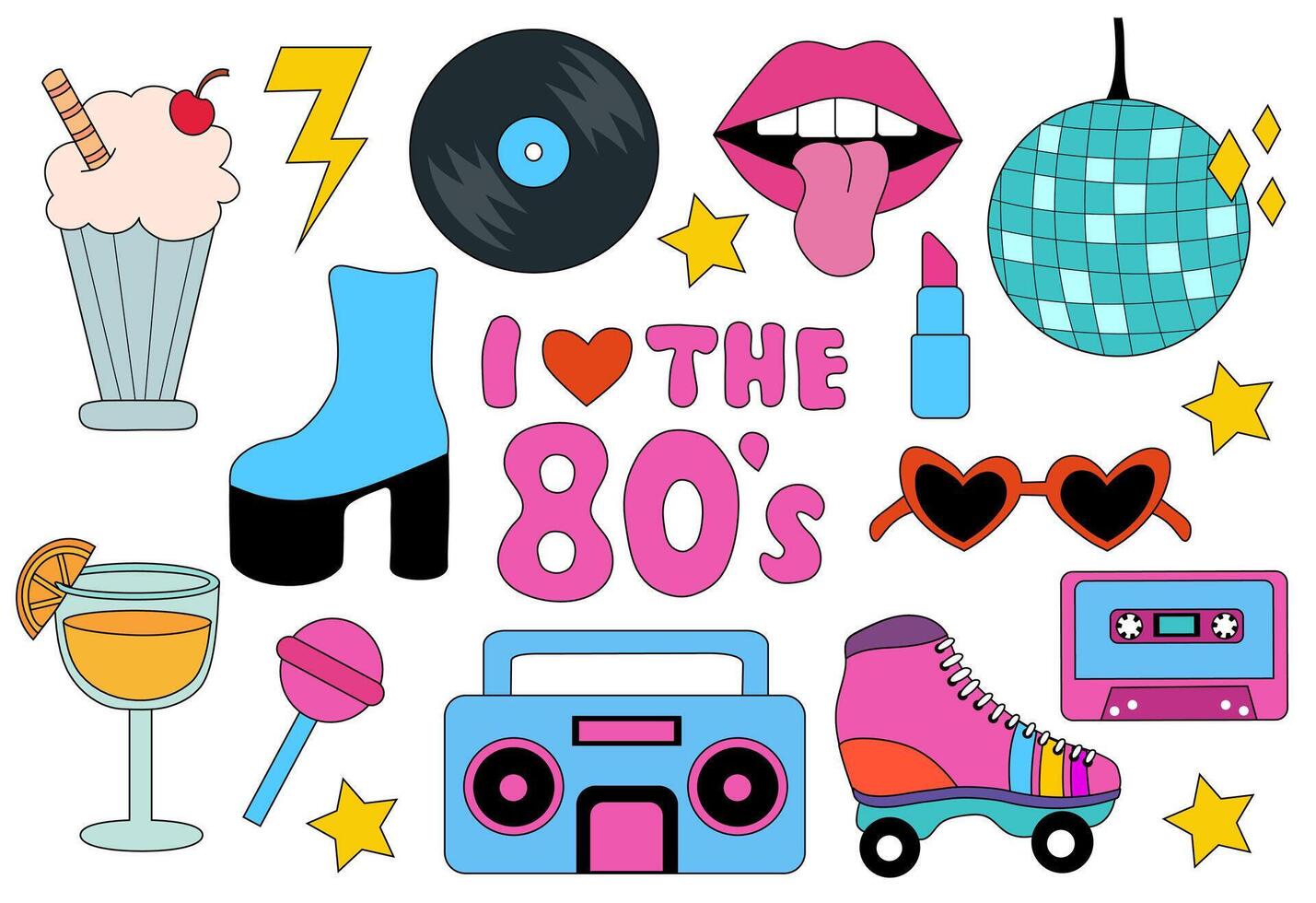 Set of 80s retro elements. Vintage audio player, cassette, music record, disco ball, milkshake, orange cocktail, roller skate, sunglasses, lipstick and lips, boot. flat illustration. vector
