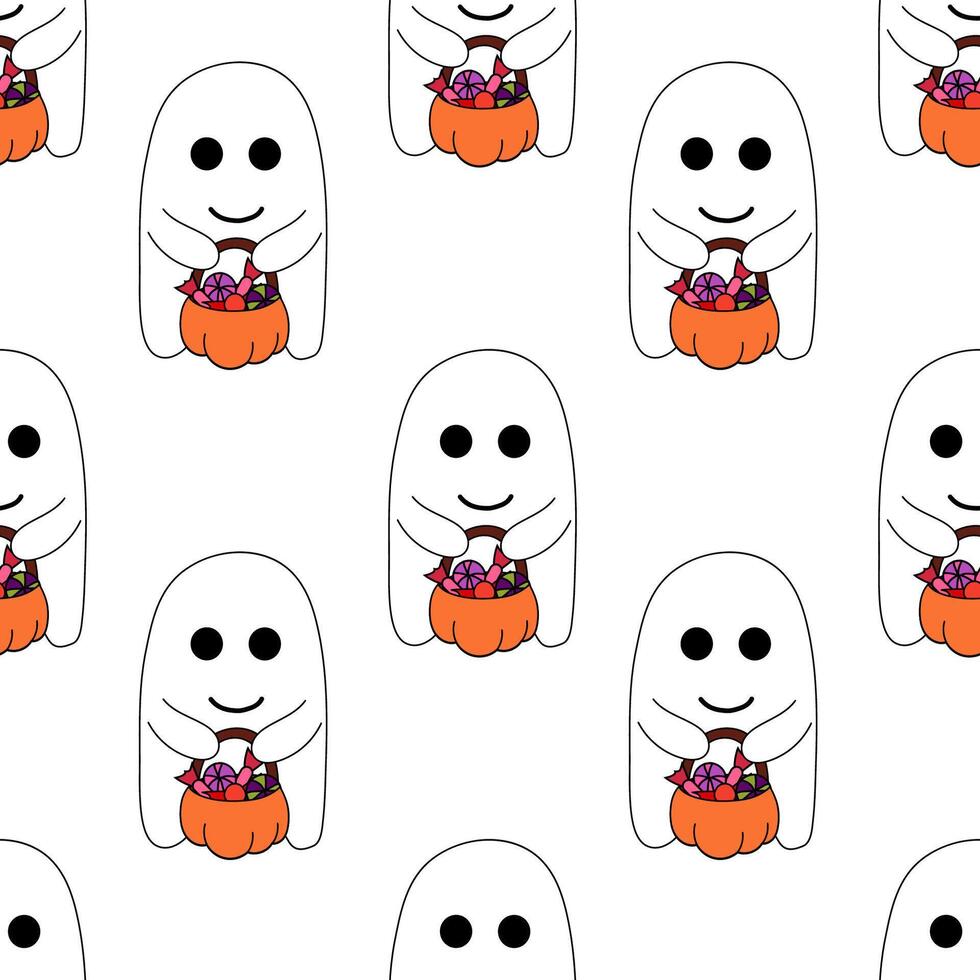 Seamless Pattern with Cute Halloween ghost holding pumpkin with candies. Holidays character background. Flat Illustration. vector