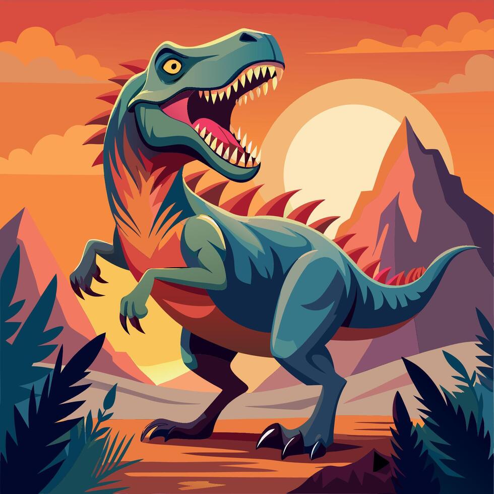 Furious tyrannosaurus rex roaring in a mountainous landscape at sunset vector