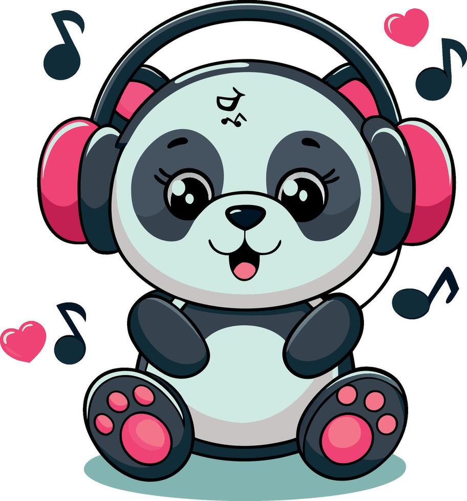 Adorable baby panda listening music in headphones vector