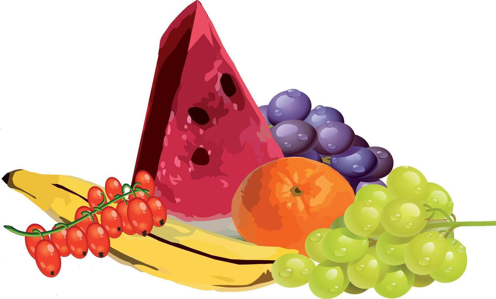 Fresh watermelon, grapes, orange, banana and redcurrant lying on white background vector