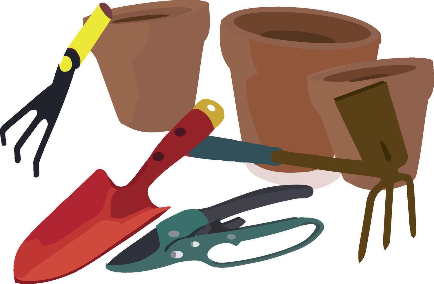 Gardening tools and terracotta pots lying on white background vector