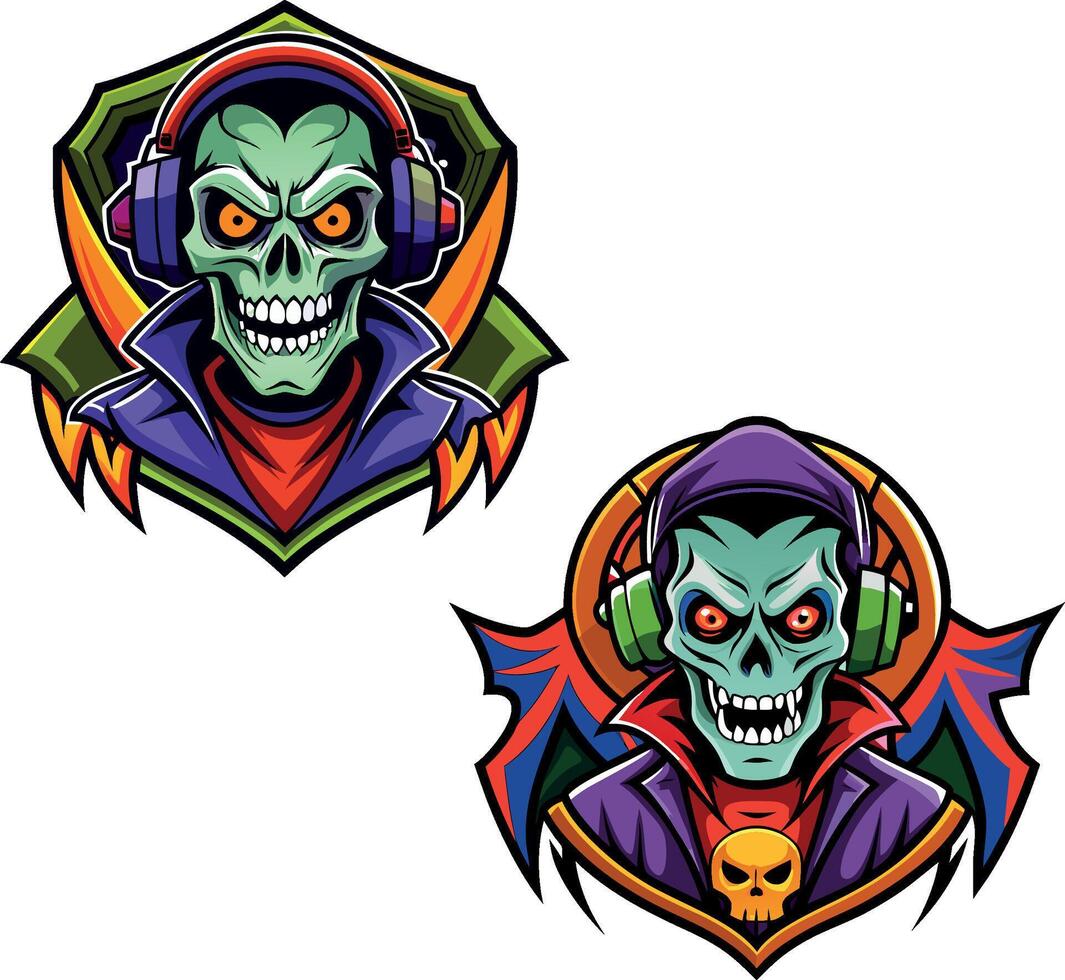 Zombie dj listening music with headphones and wearing vampire costume gaming logo mascot vector
