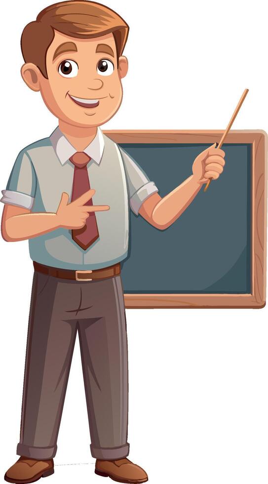 Smiling teacher explaining lesson on blackboard with pointer vector