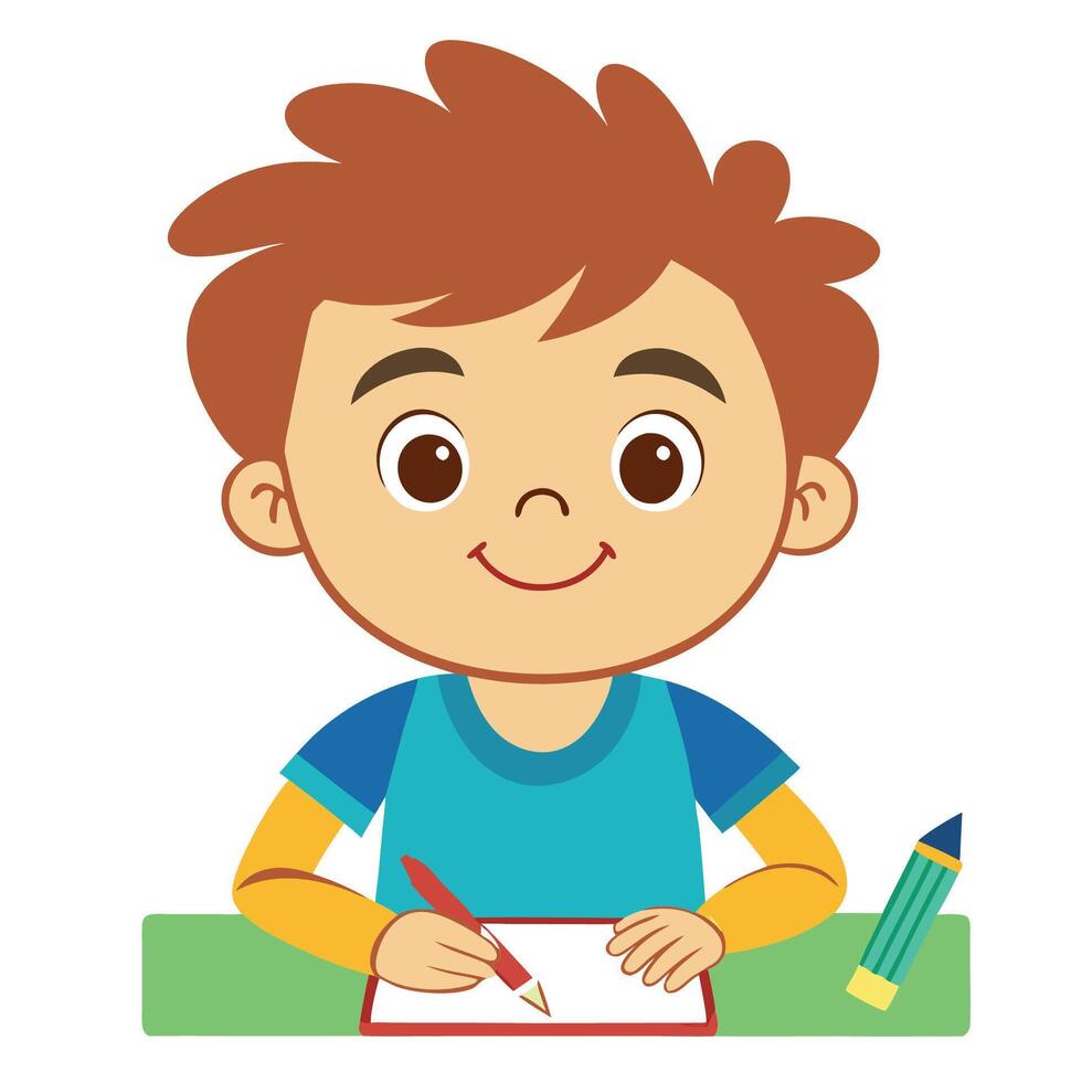 Happy young boy drawing and learning at school desk vector