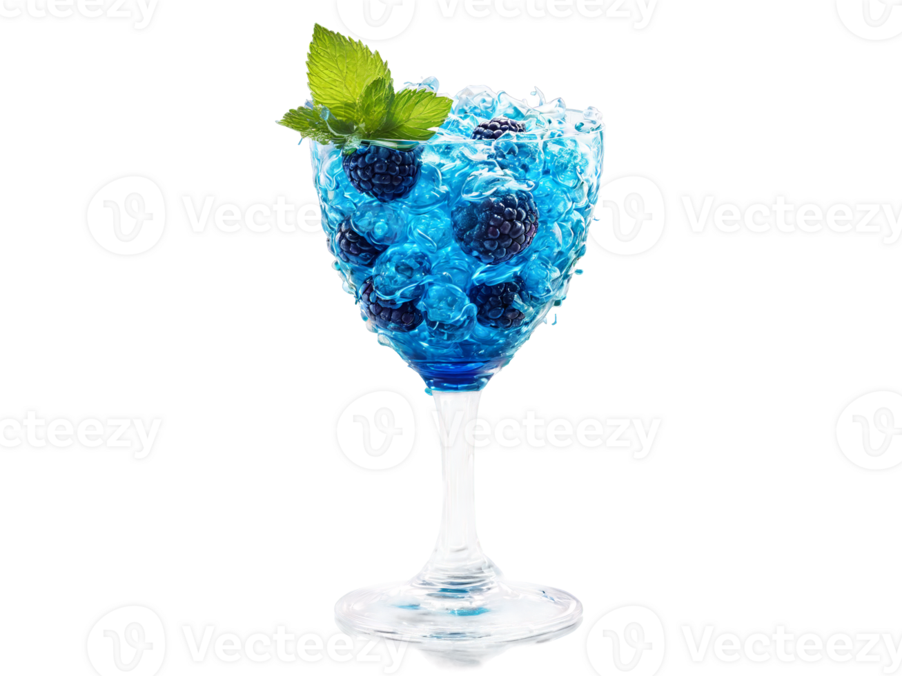 Blue raspberry soda in a twisted glass blue raspberries and mint leaves vibrant and playful png