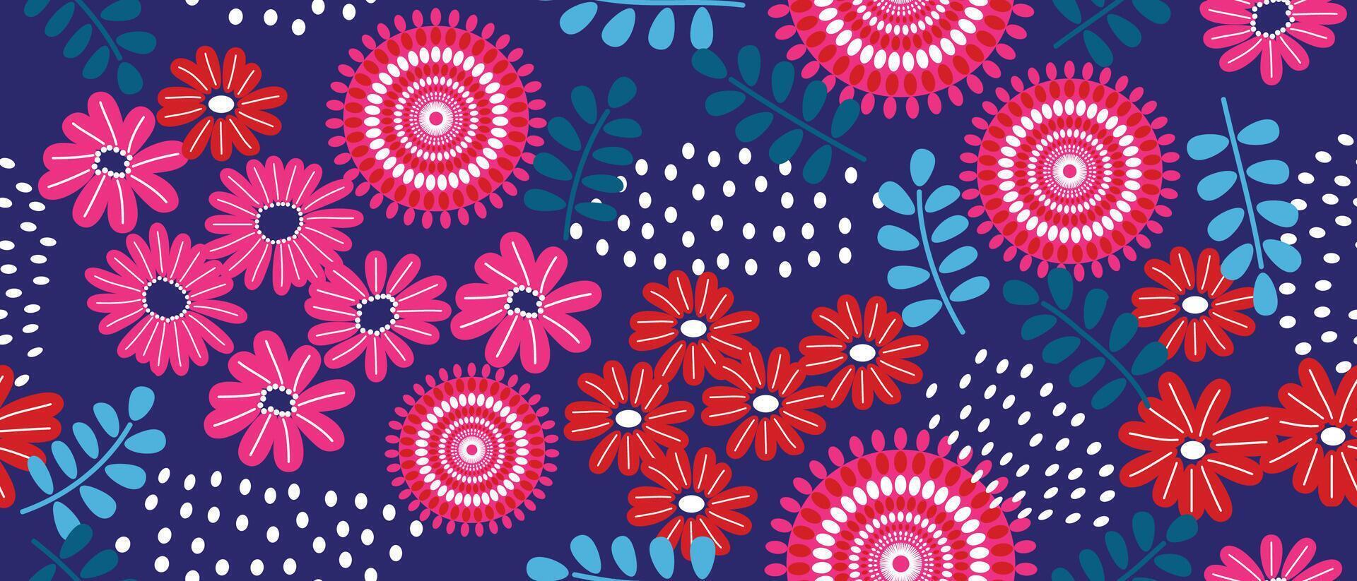 Vibrant pink and red flower fabric pattern on a blue background in bold, colorful African style. seamless beautiful Kitenge, chitenge style. fashion design in colorful. Floral Ankara prints. vector