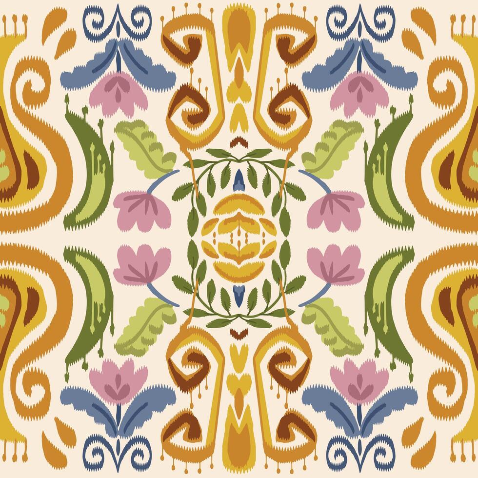 Ikat beautifully pattern is a traditional local fabric design featuring floral and foliage motifs in continuous ikat patterns. the background is beautifully shaded, suitable for fashion. sweet color. vector