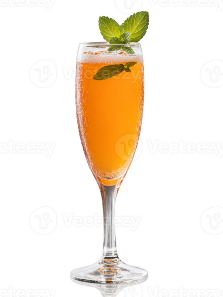 Swiss Rivella Red in clear glass garnished with slice of orange and sprig of fresh png