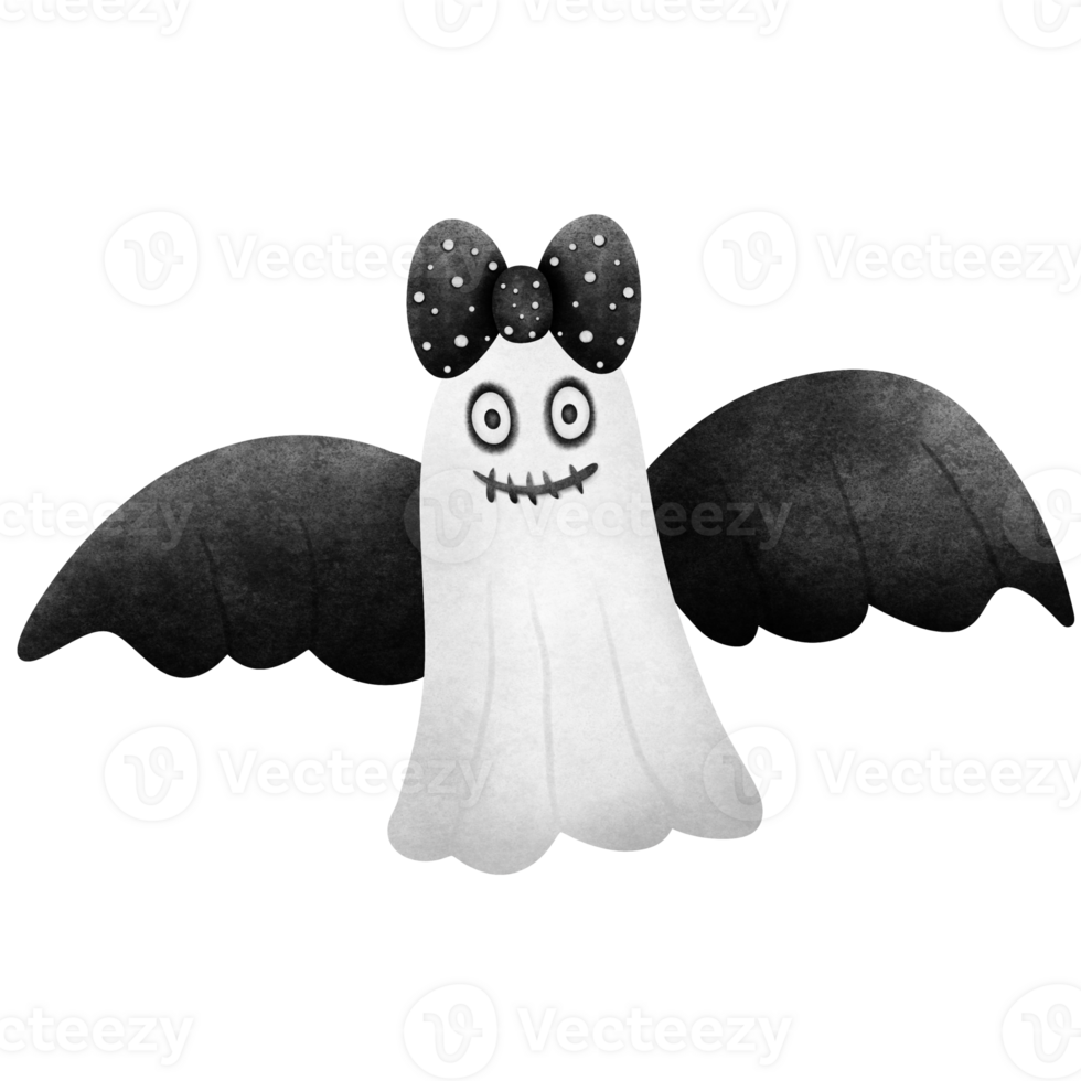 floating ghost has black and white wings with a black bow with white dots on its head. png