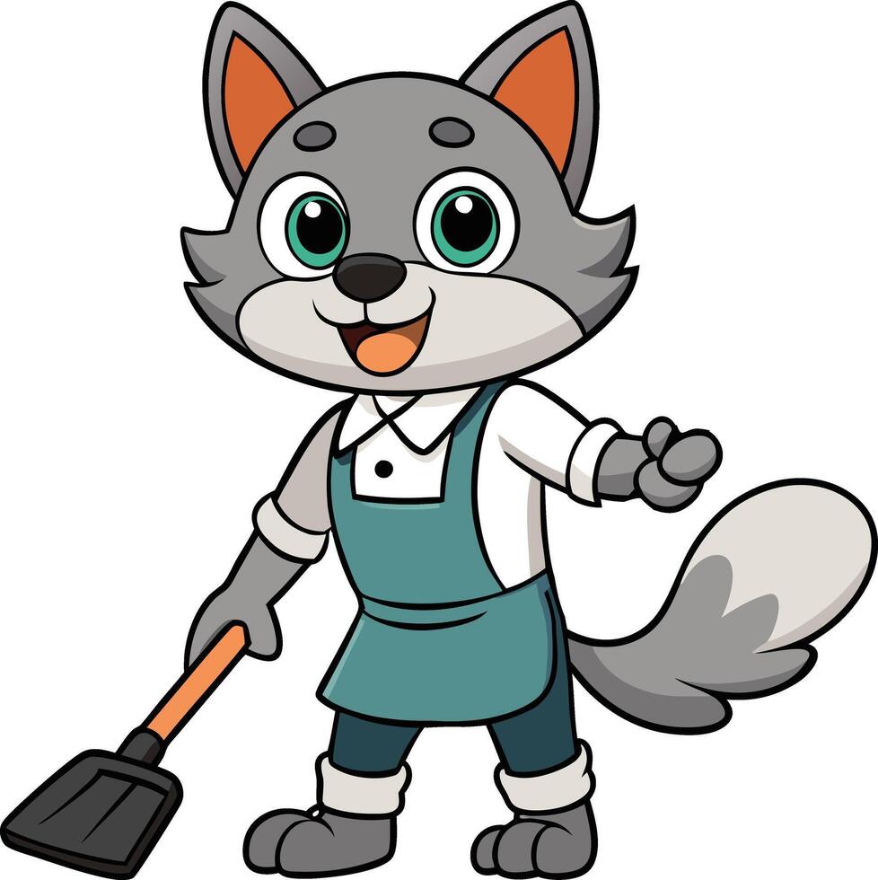 The Cat is a cleaner with a mop in the apartment vector