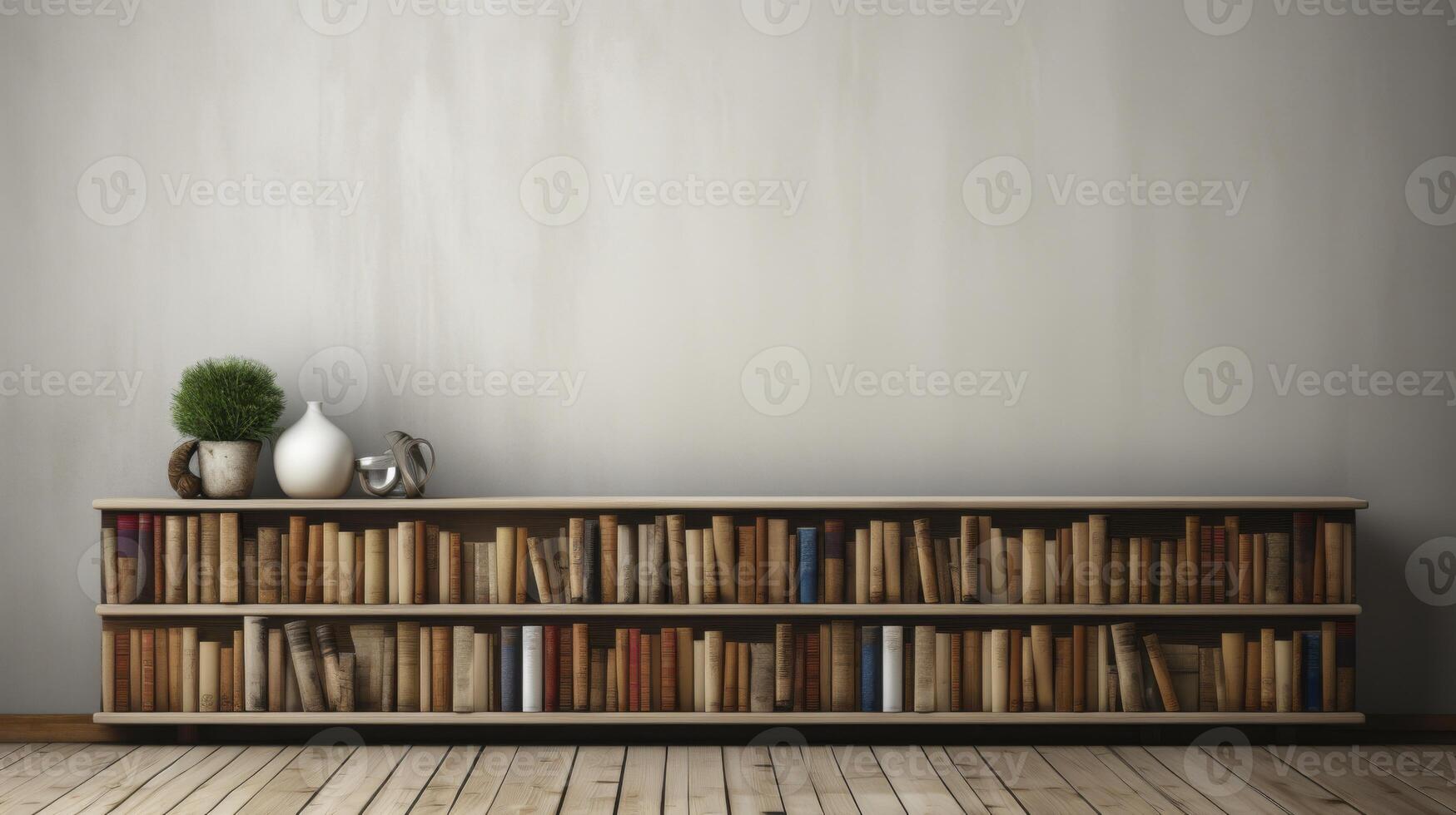 Wooden bookshelf with books and vase in the room photo