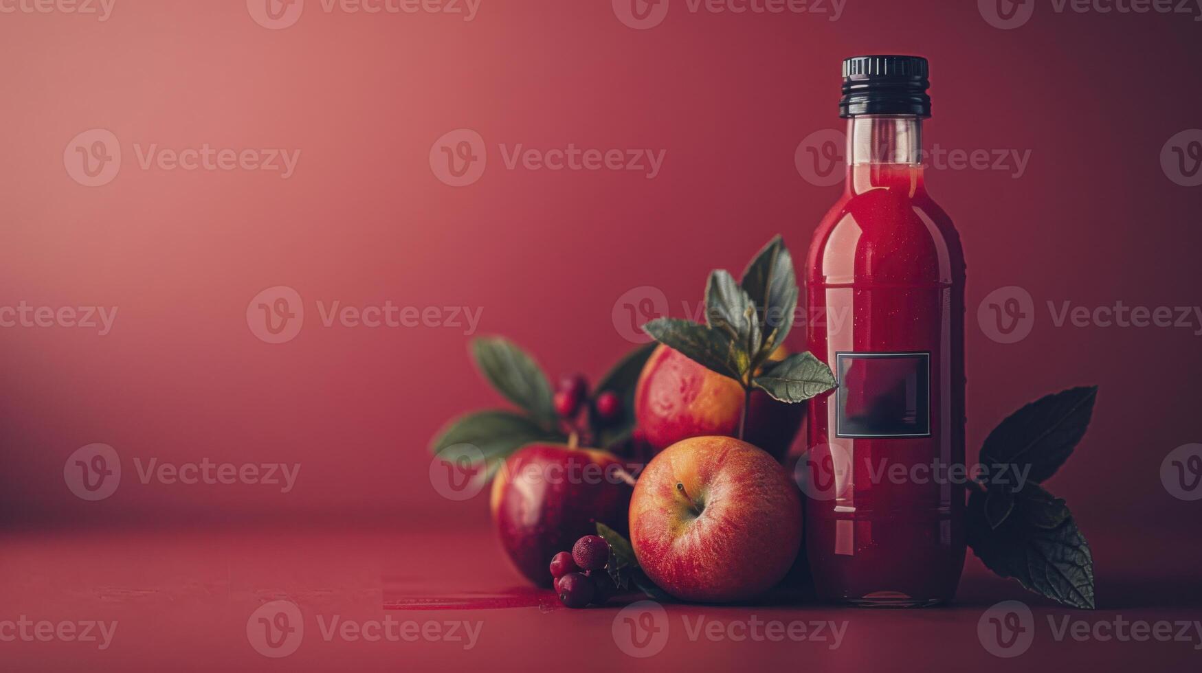 bottle of apple juice on a red background with apples and berries photo