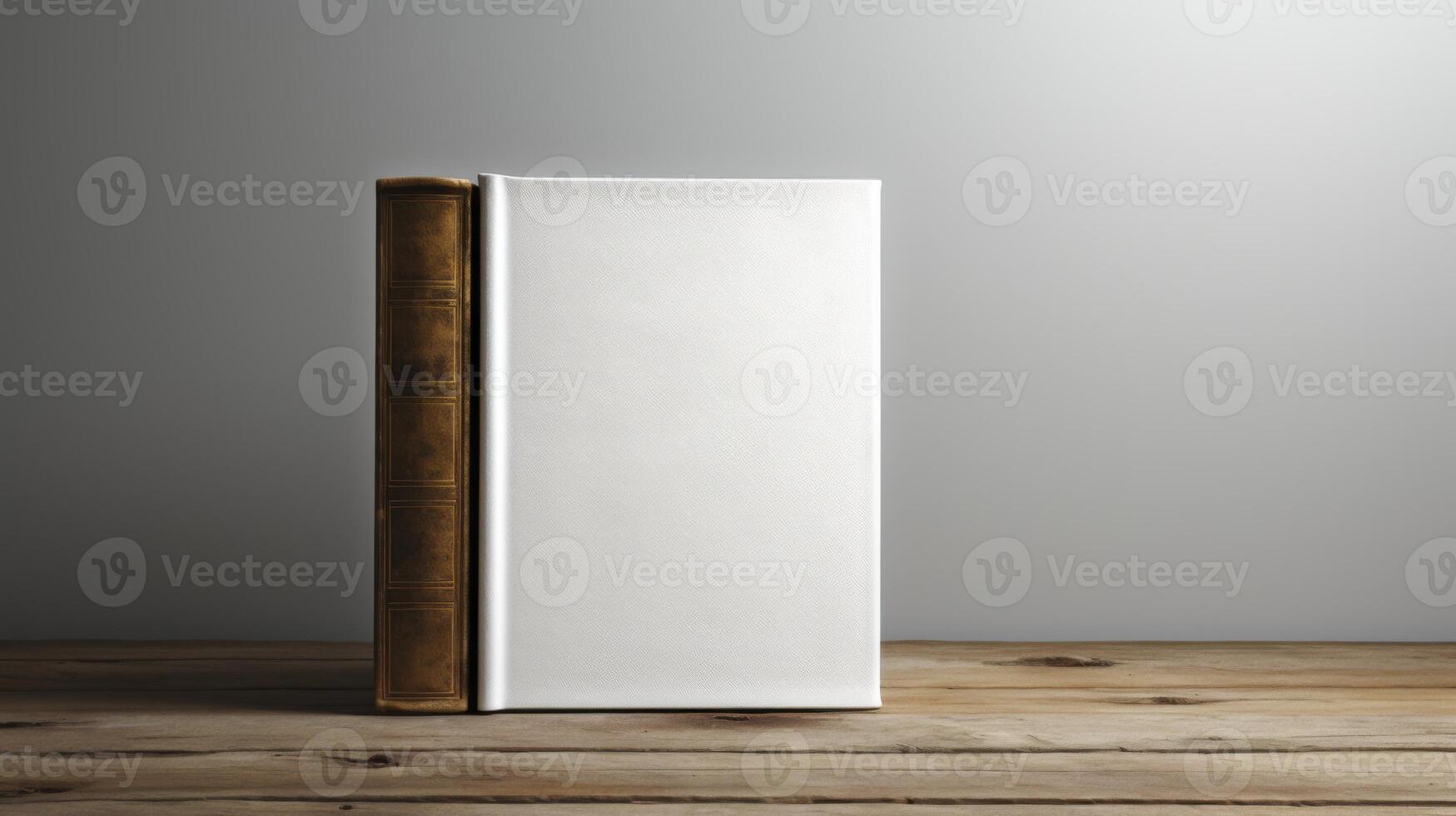Blank book on wooden table and grey wall background photo