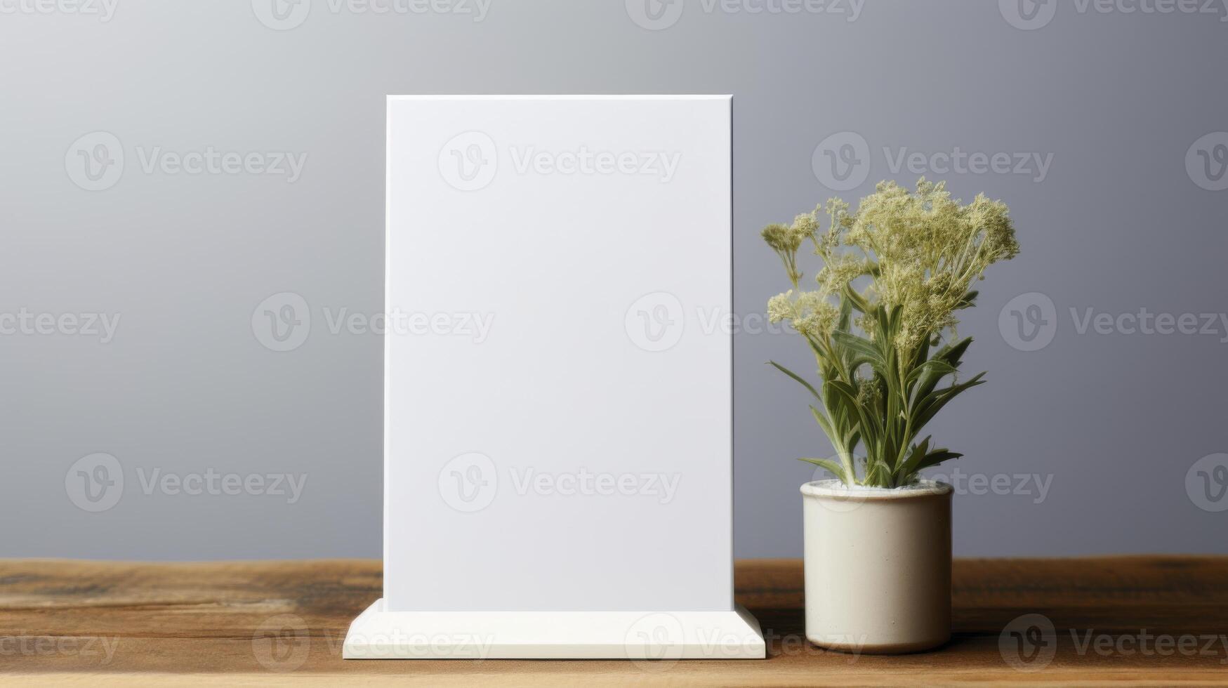 Mockup of a vertical sheet of paper in a vase on a wooden table photo