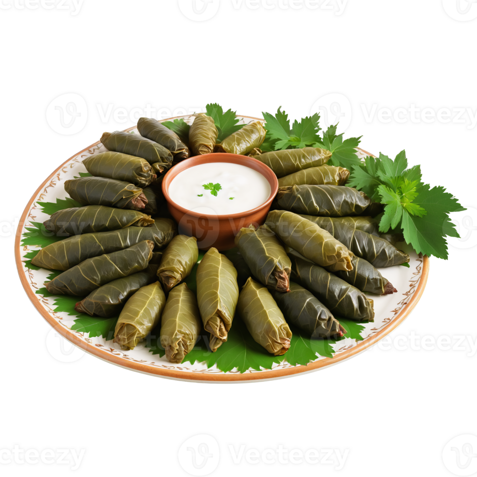 Azerbaijani dolma grape leaves meat rice herbs stacked served with yogurt sauce Culinary and Food png