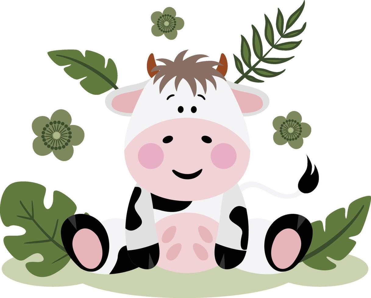 Cute cow in the jungle with leaves vector
