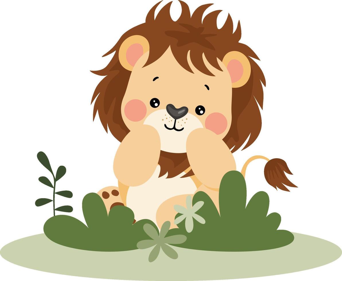 Cute lion in the jungle with leaves vector