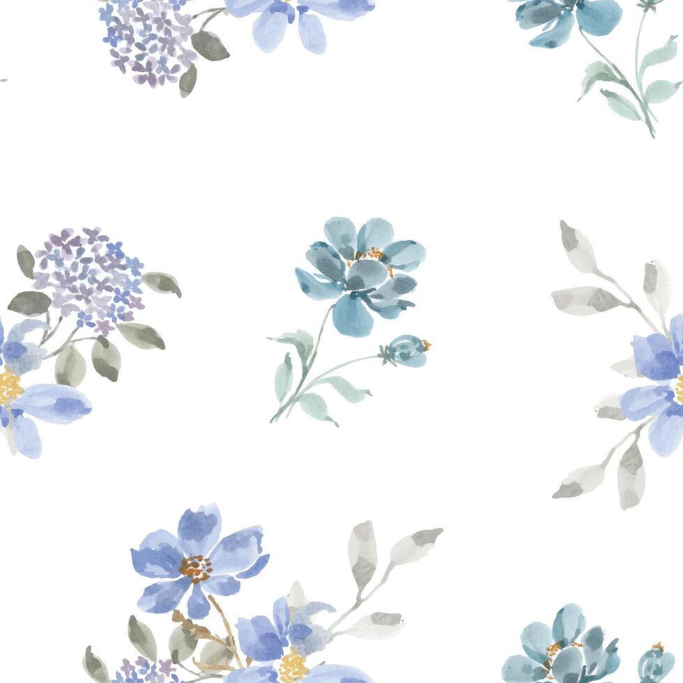 Hydrangea and Blue Watercolor Flower Seamless Pattern vector