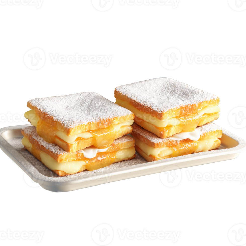 Monte Cristo syrupy sandwich halves in glass tray powdered sugar dusting Food and Culinary concept png