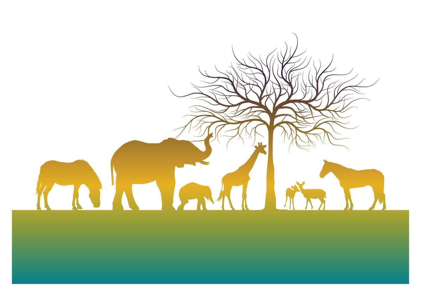 Flora fauna silhouette of elephant, deer, horse, zebra, giraffe and tree in the morning sun. Illustration. vector