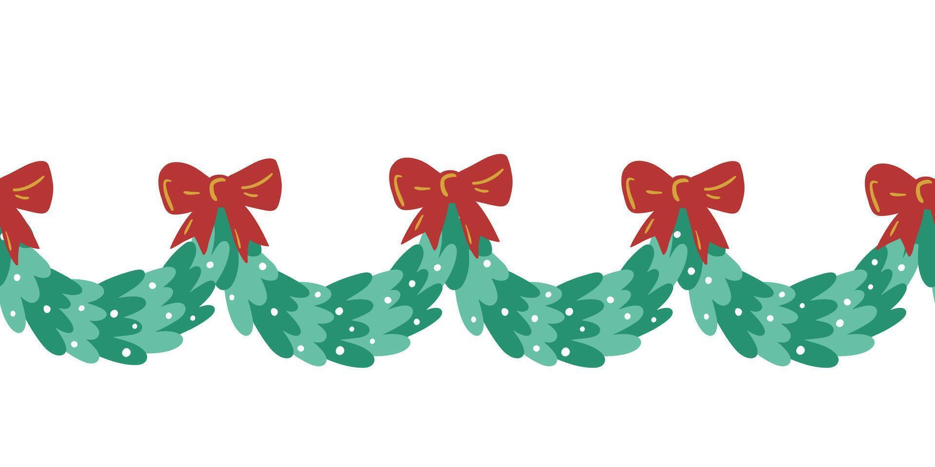 Christmas tree garland with red bows seamless border pattern. illustration in simple hand drawn childish cartoon style. Isolate on a white background vector