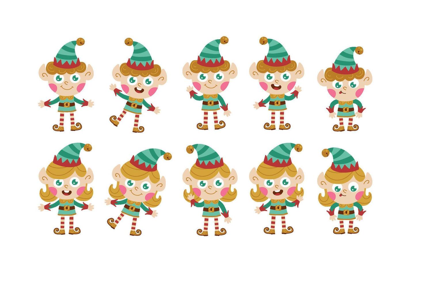 Elf Christmas character set in simple hand-drawn cartoon style. illustration of fairy tale characters with different emotions. Isolate on a white background vector