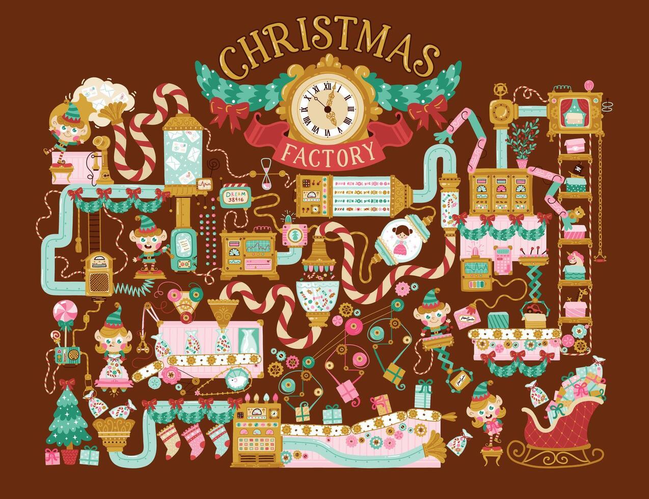 Christmas Factory Santa Claus, elves read letters, pack gifts, toys and candies for children. Hand drawn illustration in retro style, fantasy mechanisms, tools, pipes on chocolate background vector
